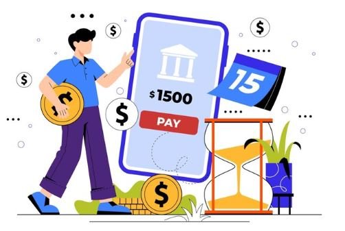 Illustration of a person with a smartphone displaying a $1500 payment, symbolizing earning money online in Pakistan through digital payments and online income streams.